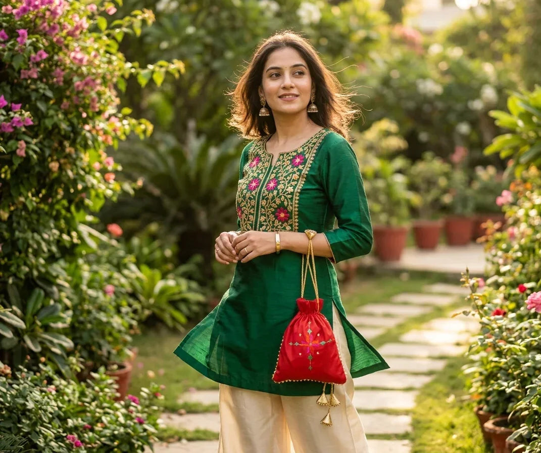 The Amritsar Store Phulkari Embroidered Potli Bag with Golden Lace - The Amritsar Store