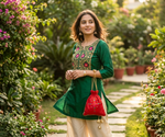 Phulkari embroidered potli bag with golden lace detailing, traditional Punjabi handcrafted ethnic pouch for weddings and festive wear