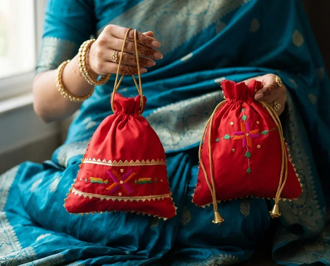 The Amritsar Store Phulkari Embroidered Potli Bag with Golden Lace - The Amritsar Store