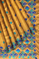 Phulkari Saree – Hand Embroidered Mustard Saree in Blue Thread | The Amritsar Store