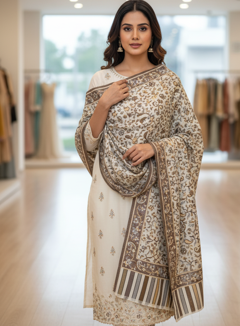 The Amritsar Store Womens Elegant Off-White Stole with Floral Accents