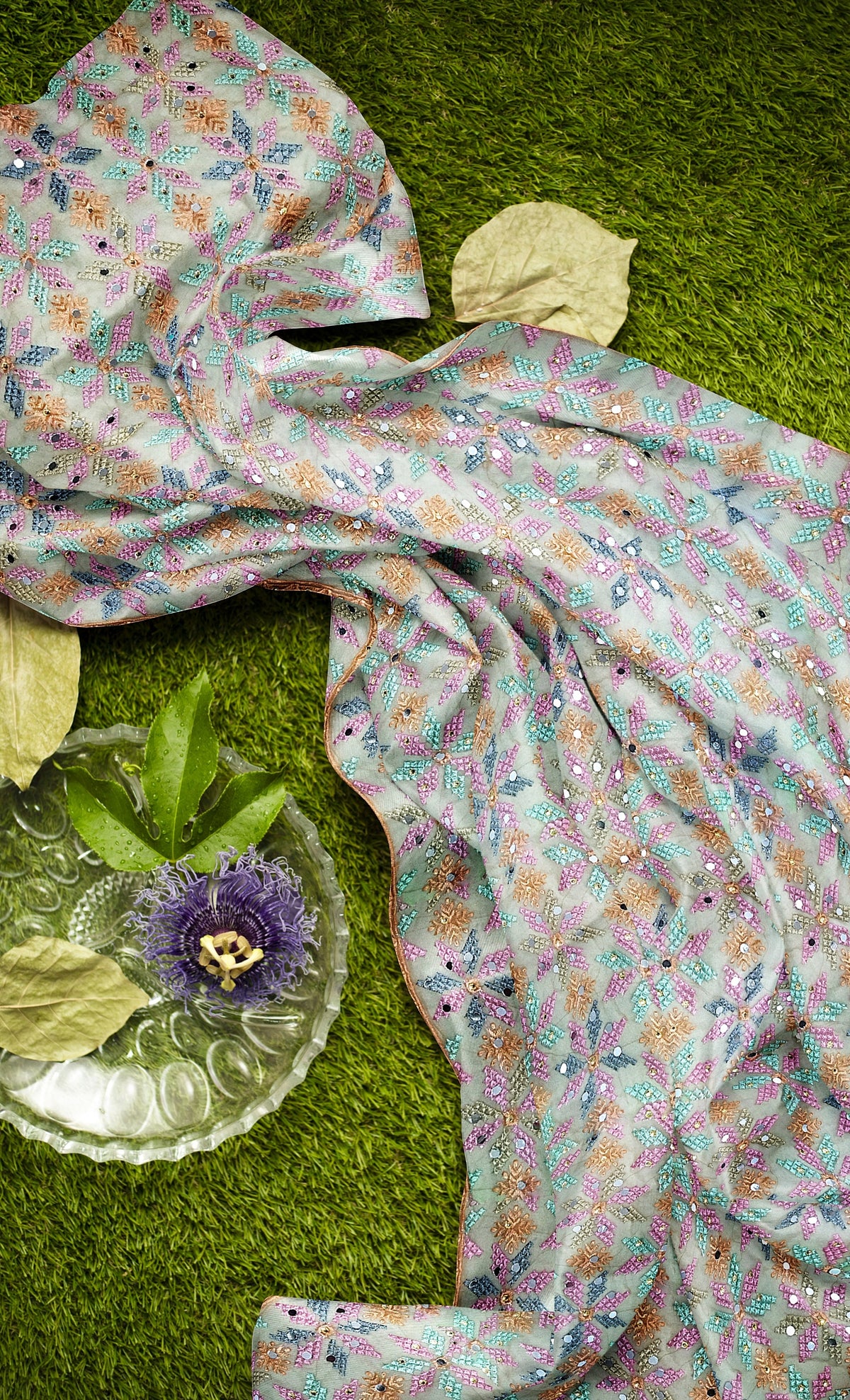 Peach dupatta with multicolor phulkari