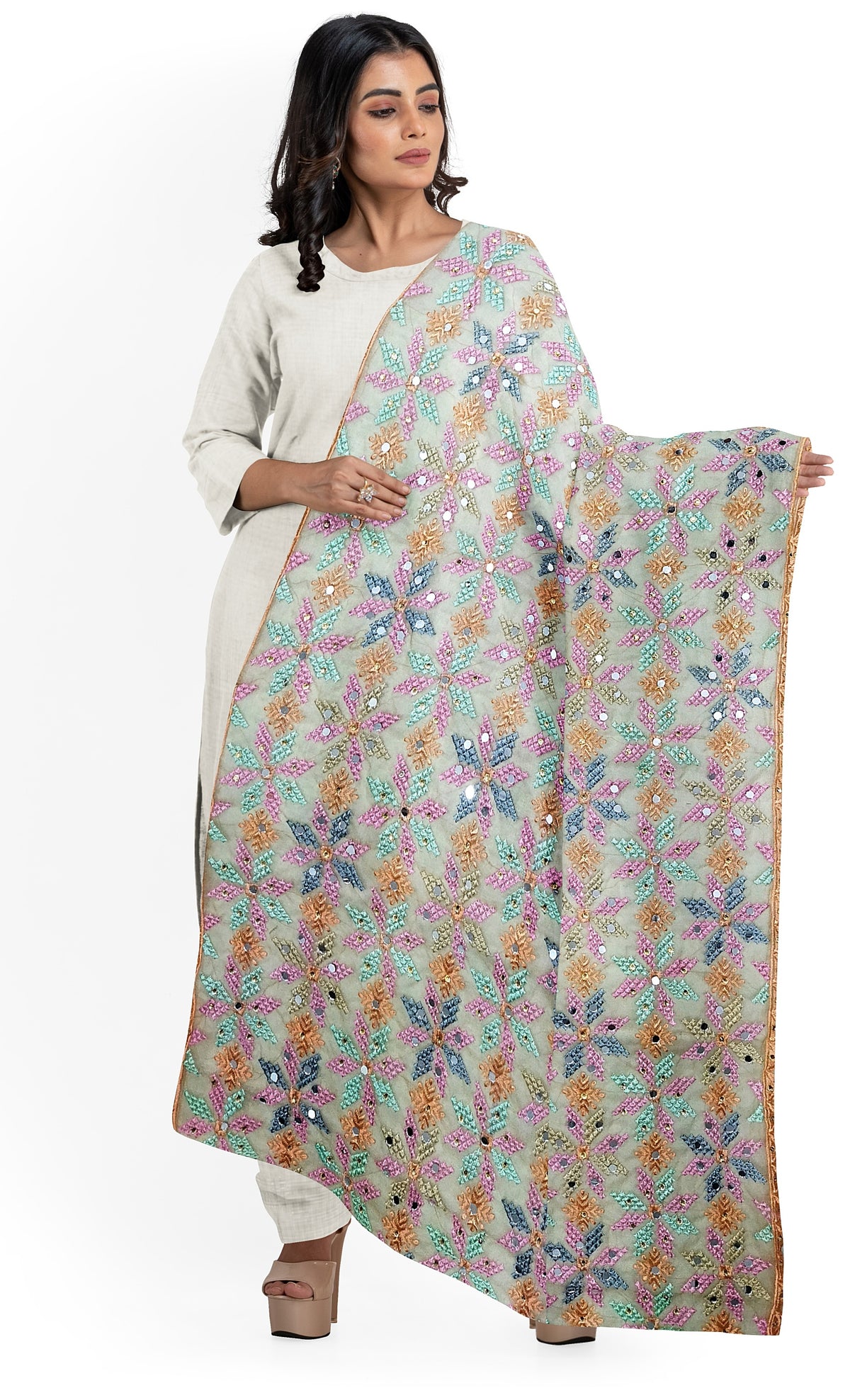 Peach dupatta with multicolor phulkari