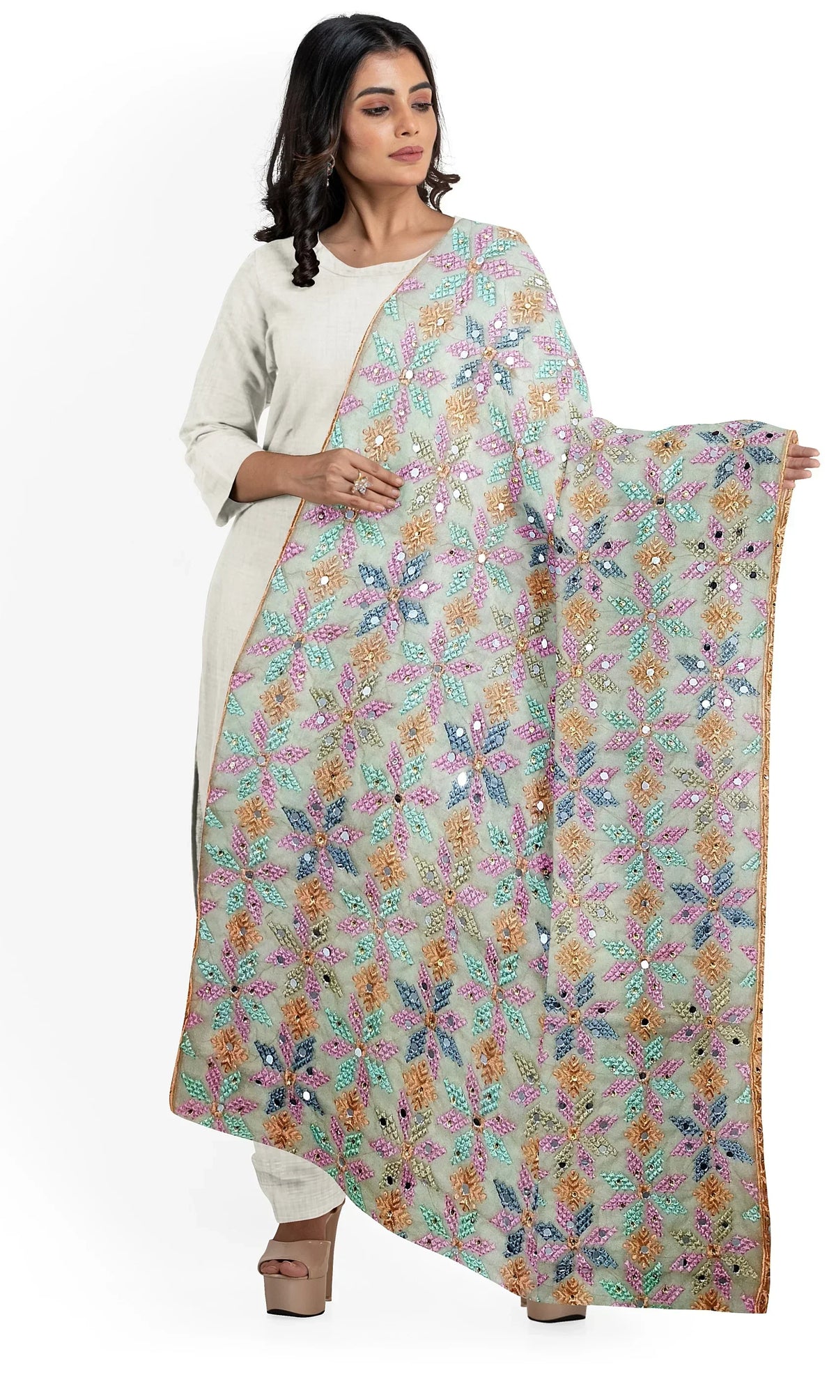 Peach dupatta with multicolor phulkari - The Amritsar Store