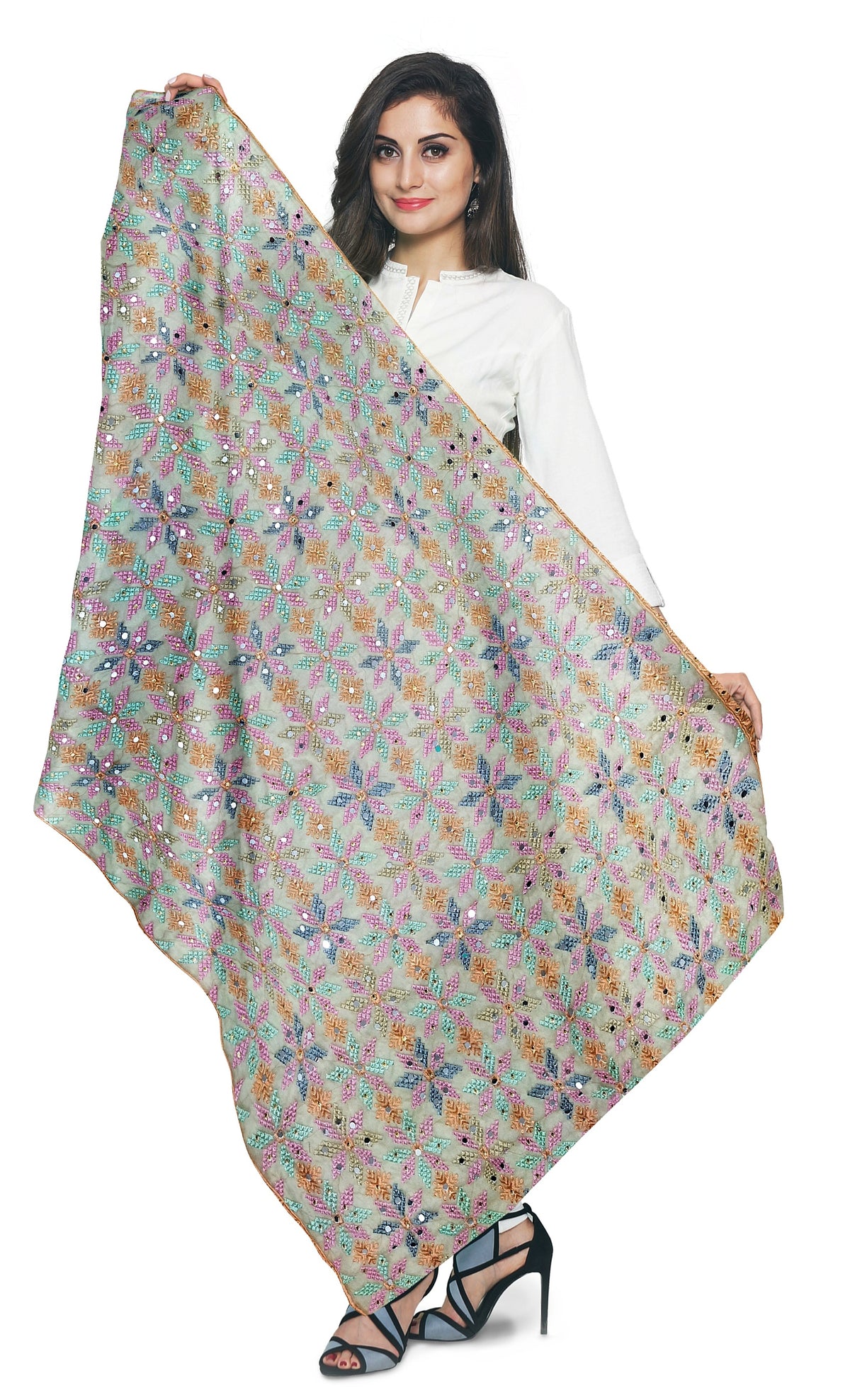 Peach dupatta with multicolor phulkari