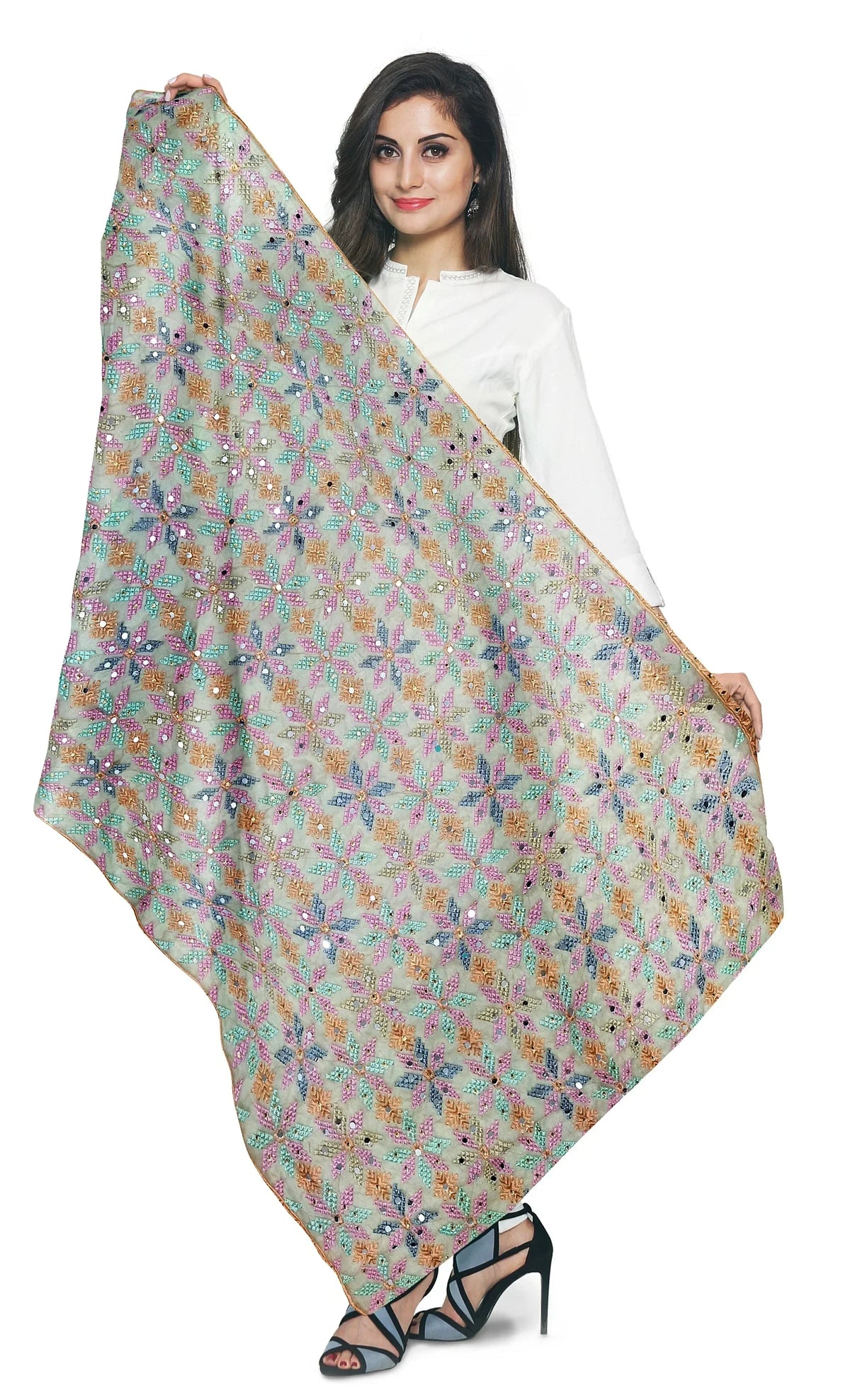 Peach dupatta with multicolor phulkari - The Amritsar Store
