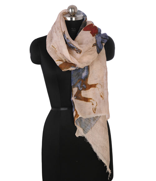 The Amritsar Store Vintage Horse Polo Print Scarf in Soft Beige and Blue – Wool Blend Wrap with Classic Polo Rider Design, Lightweight and Warm Unisex Winter Scarf