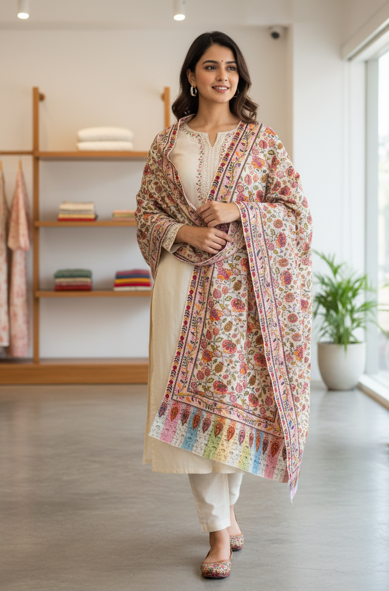 The Amritsar Store Kashmiri Sozni Embroidered Stole – Multicolor with Pastel Paisley Border
