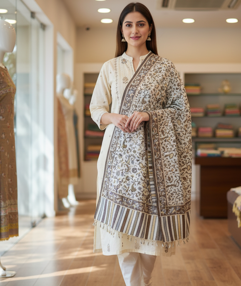 The Amritsar Store Womens Elegant Off-White Stole with Floral Accents
