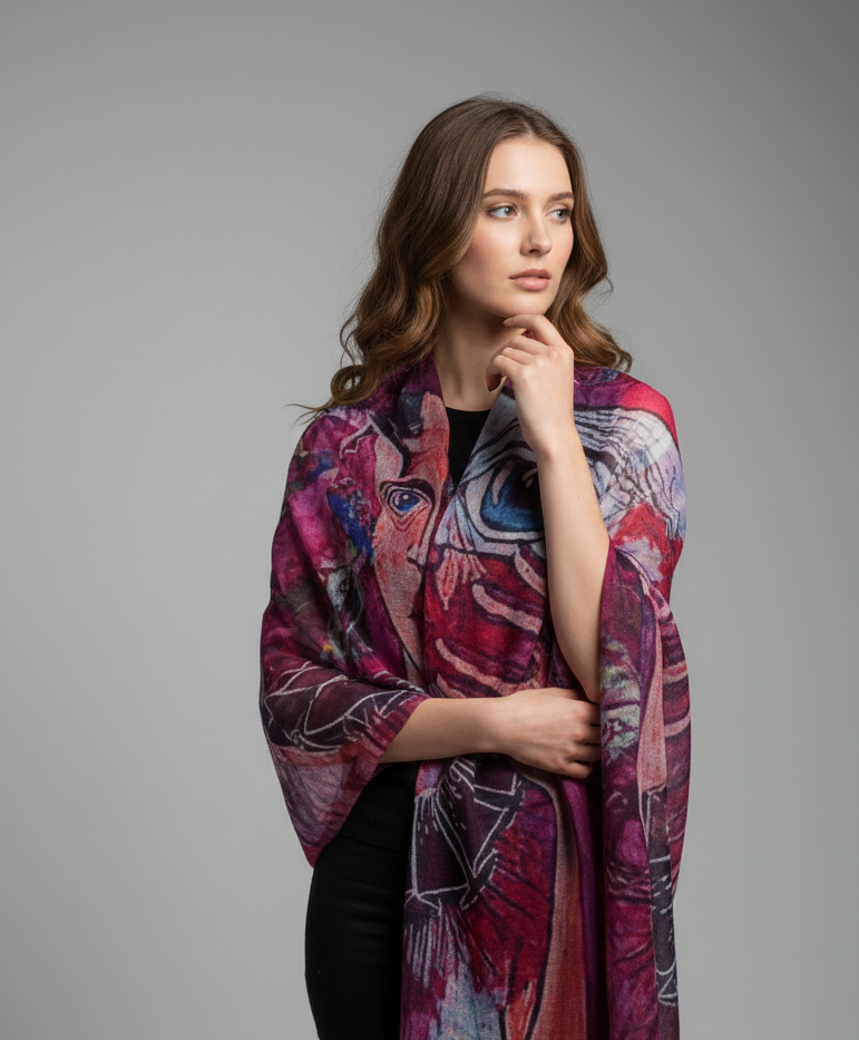 Contemporary art print scarf for women by The Amritsar Store, modern abstract design, lightweight soft fabric fashion wrap for all seasons.