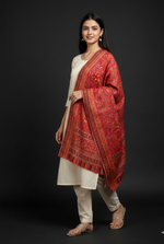 Majestic Peacock Garden Jaal shawl by The Amritsar Store featuring an intricate multicolor woven floral and peacock pattern.