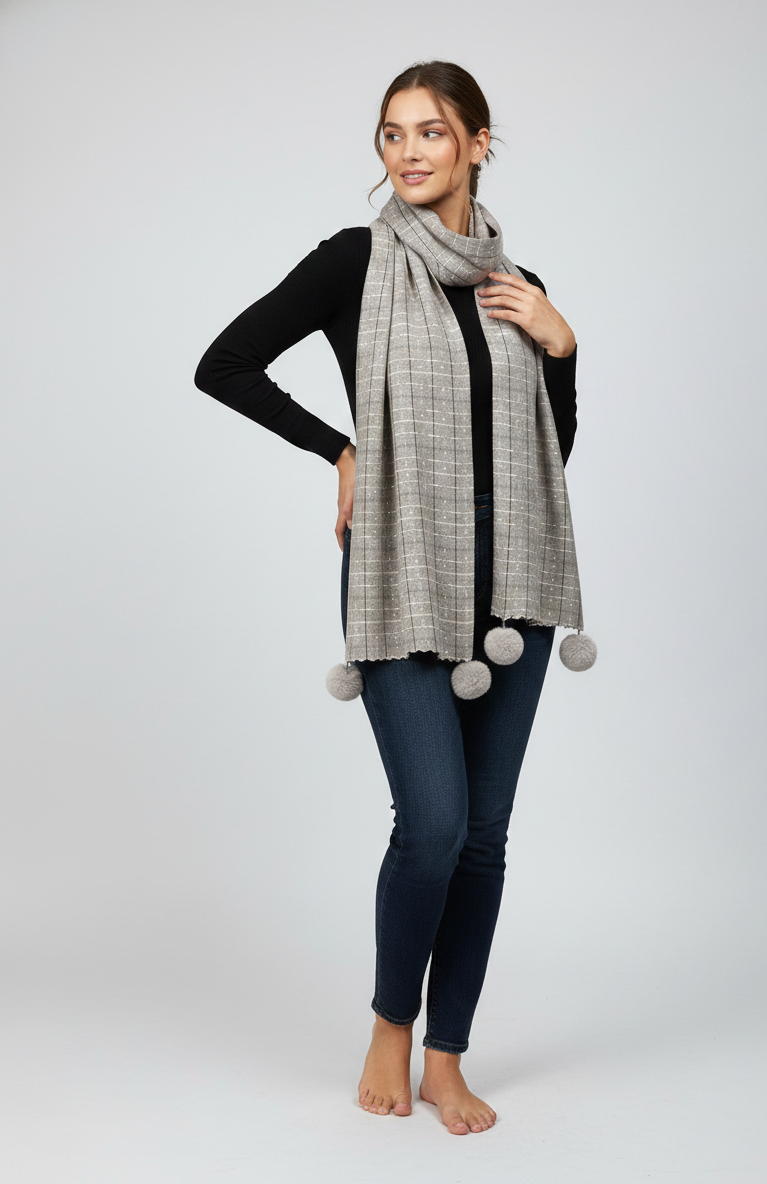 The Amritsar Store classic beige and white check wool scarf with a soft woven texture, elegant neutral checks, and a timeless winter design