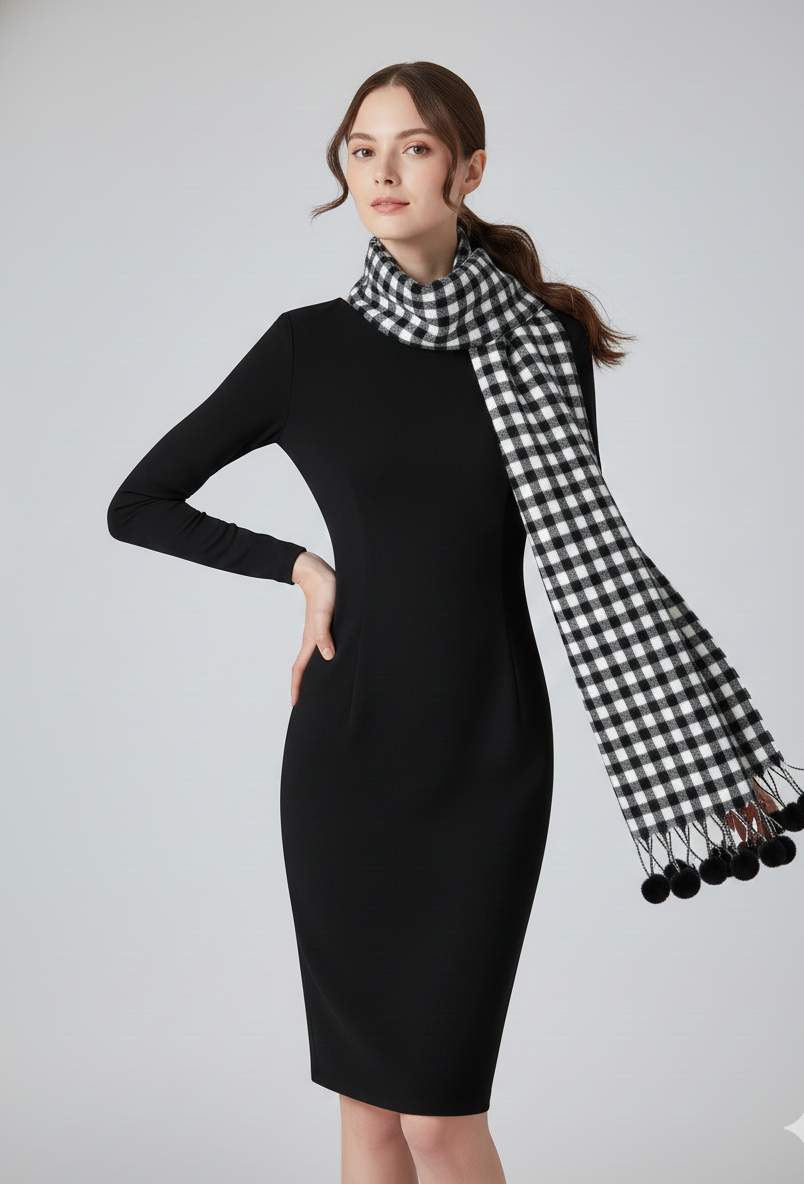 The Amritsar Store black and white check wool scarf with classic plaid pattern and soft winter weave