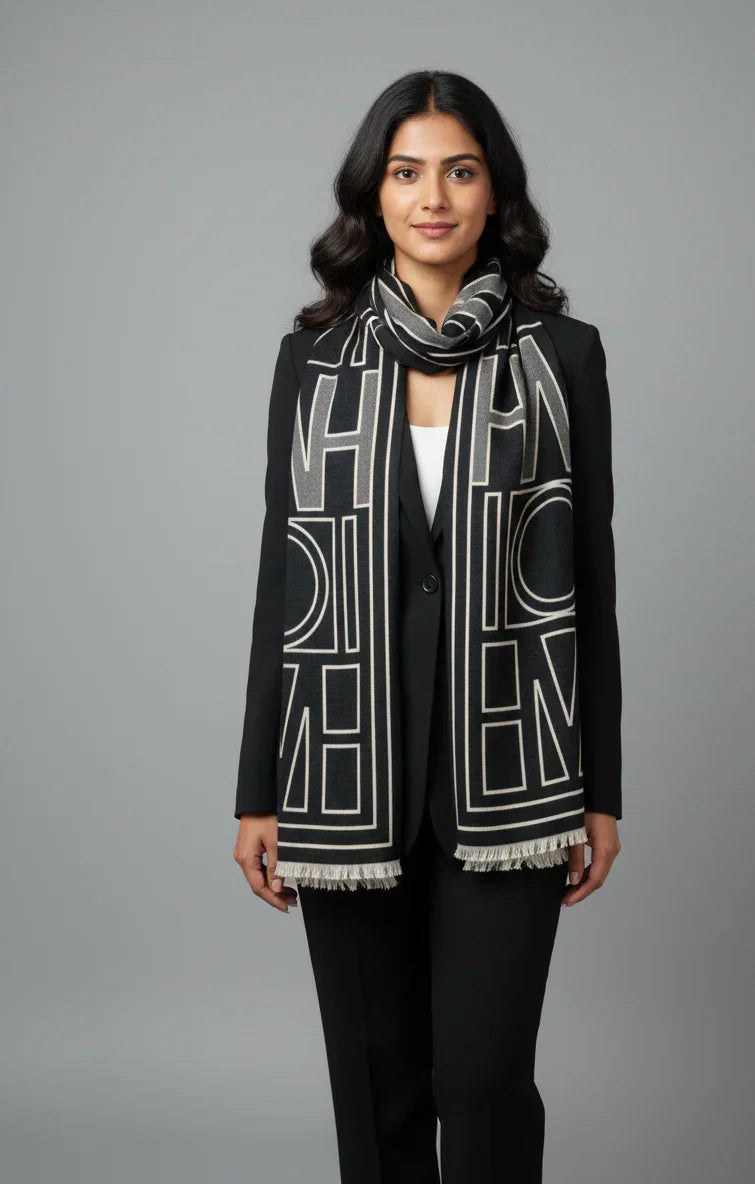 Black & White Geometric Reversible Shawl – Soft Wool Winter Wrap for Women | The Amritsar Store - The Amritsar Store