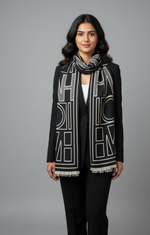 "Soft Black and White Geometric Wrap, Elegant Unisex Scarf by The Amritsar Store"