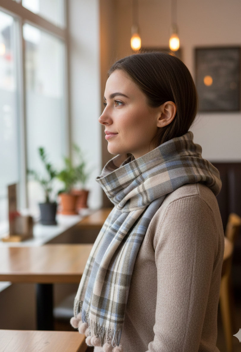 The Amritsar Store Blue & Beige Plaid Wool Scarf for Women – Soft Winter Checkered Scarf