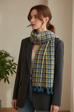 The Amritsar Store blue and mustard checked wool scarf for women – soft winter wear”