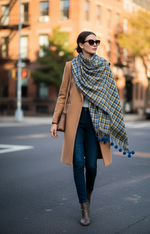 The Amritsar Store blue and mustard checked wool scarf for women – soft winter wear”