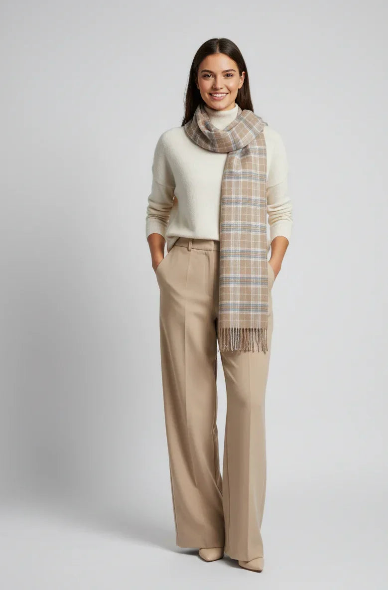 Brown Blue Checkered Wool Shawl – Soft Winter Scarf for Men & Women | The Amritsar Store - The Amritsar Store