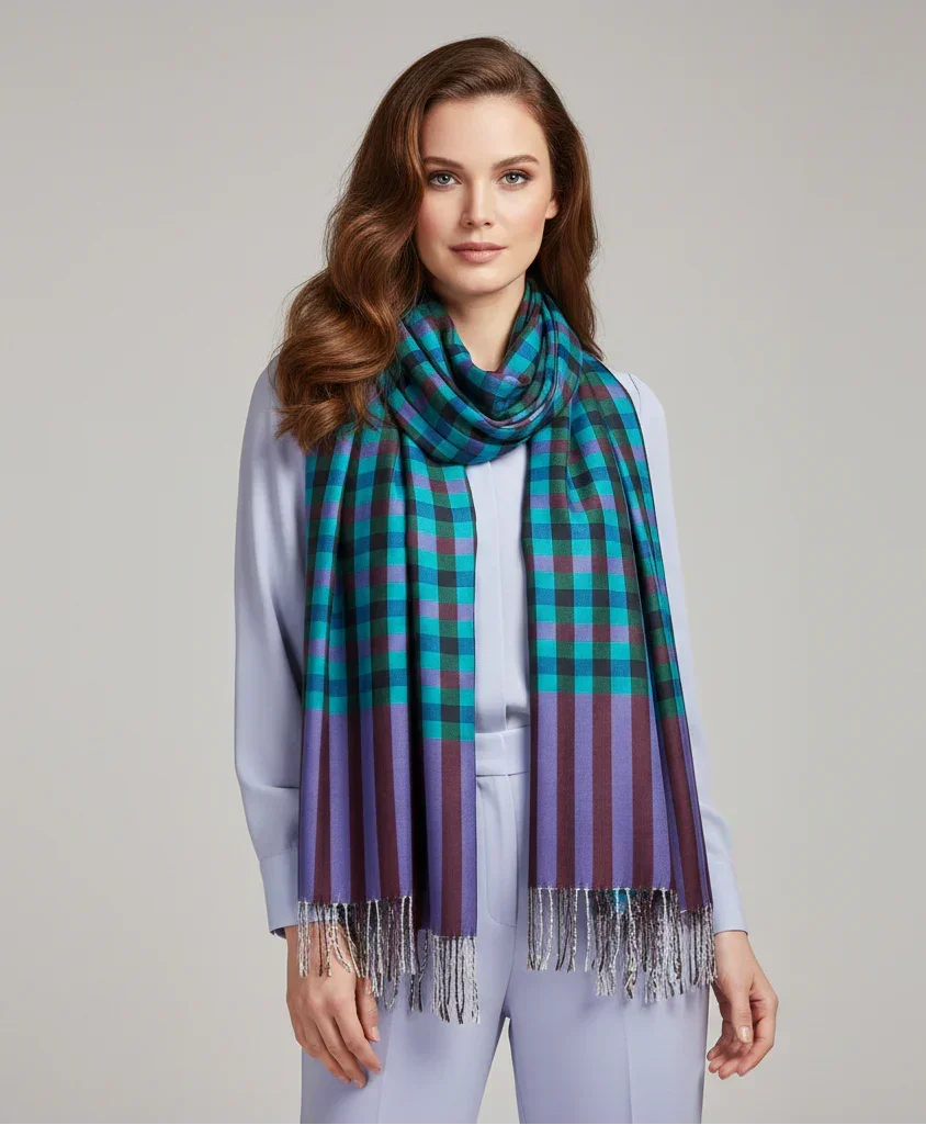 The Amritsar Store ,Multicolor Bamboo Silk Scarf, Soft & Fine Quality with Check Pattern Reversible - The Amritsar Store