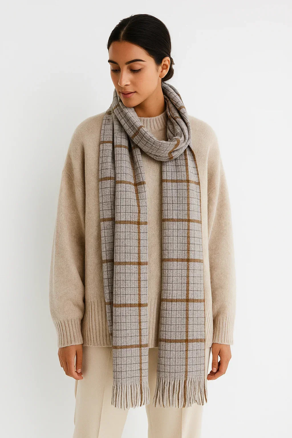 Grey Checkered Scarf for Men & Women – Lightweight Soft Fringe Wrap | The Amritsar Store - The Amritsar Store