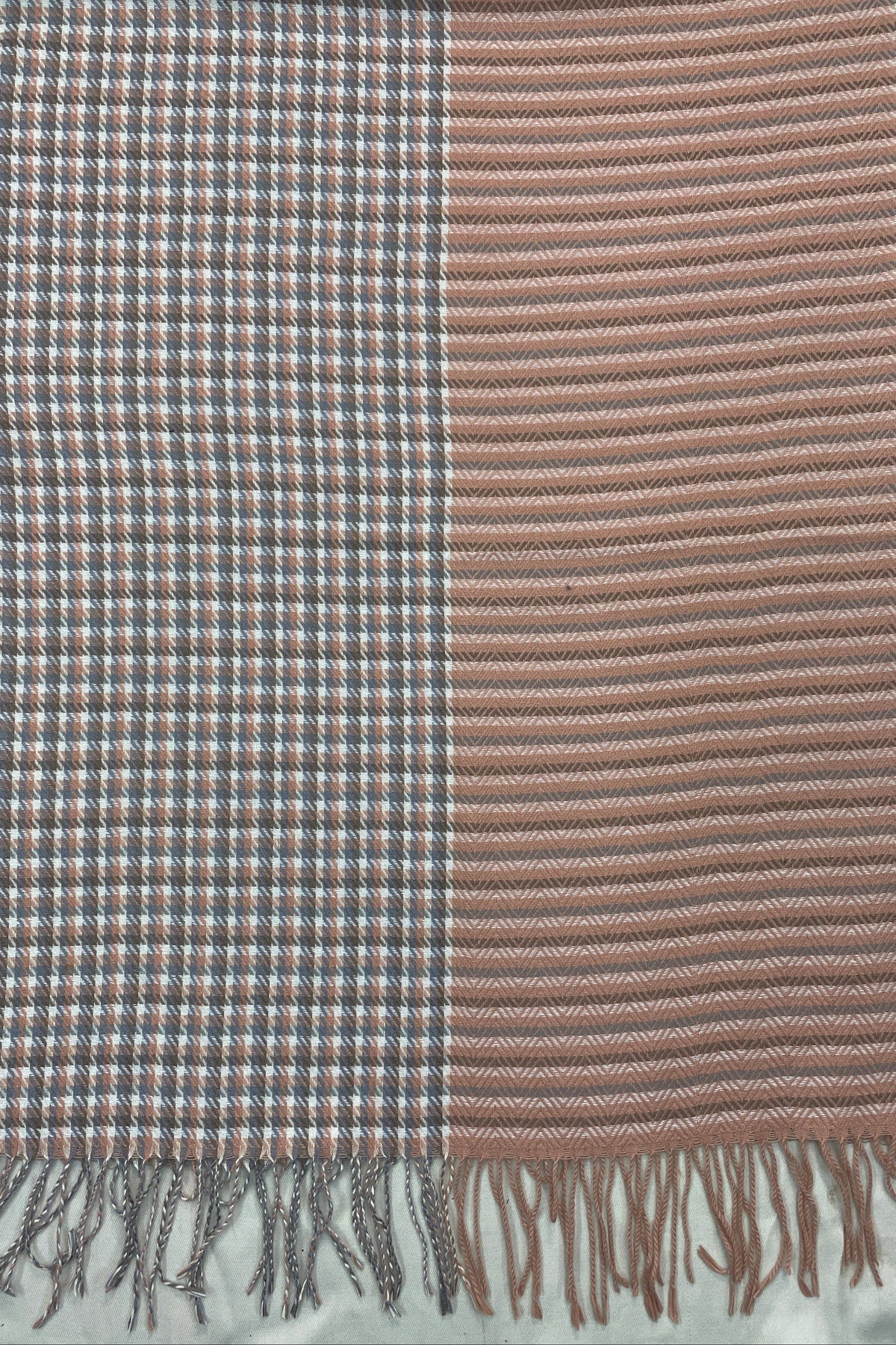 The Amritsar Store elegant reversible wool scarf featuring grey plaid design with soft pink woven accents