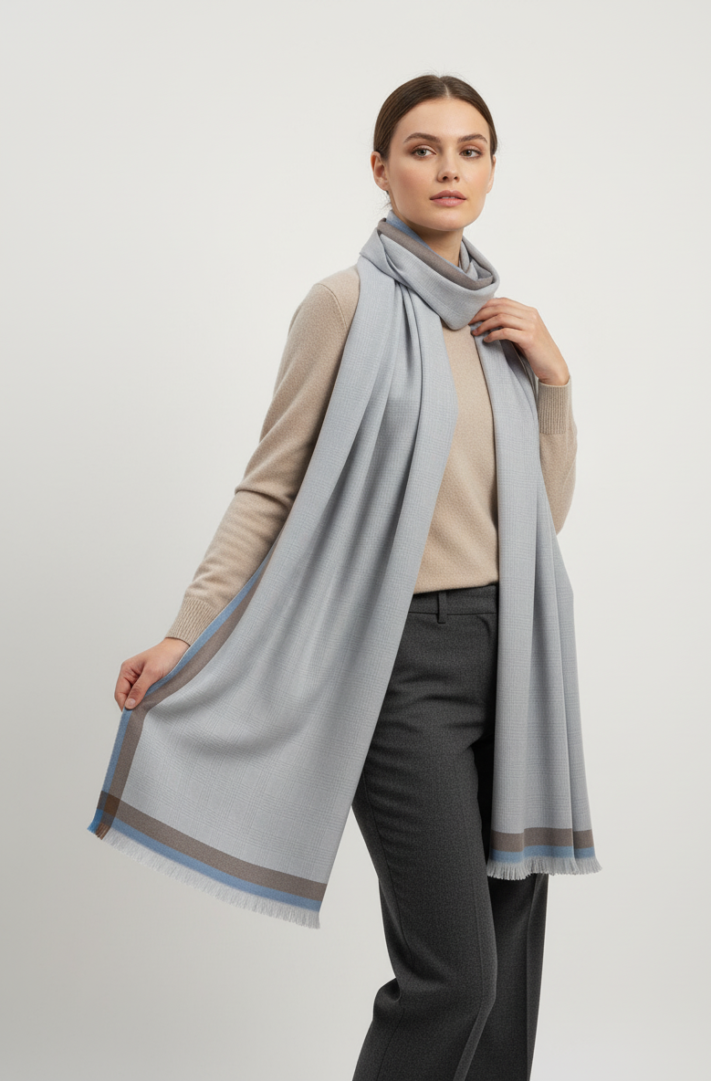 "Classic Grey Plaid Scarf with Dual-Tone Border, Soft Unisex Muffler by The Amritsar Store – Stylish Winter Wear Accessory
