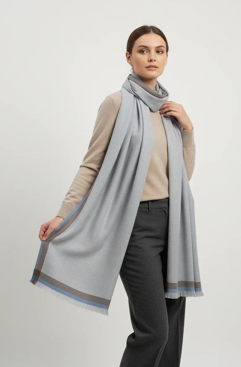 Grey Plaid Scarf with Dual-Tone Border for Men & Women – Soft Lightweight Muffler | The Amritsar Store - The Amritsar Store