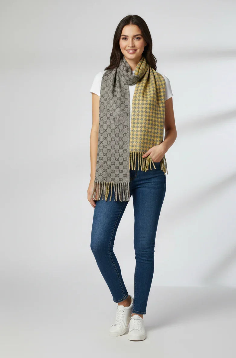 Two-Tone Houndstooth Reversible Wool Scarf – Yellow Grey Winter Scarf for Men & Women | The Amritsar Store - The Amritsar Store