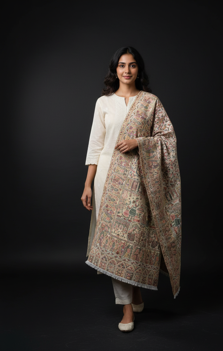 Royal Heritage stole by The Amritsar Store featuring intricate Mughal Darbar scenes with detailed floral jaal weave in rich traditional tones