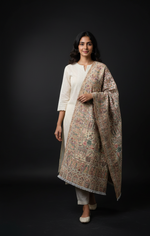 Royal Heritage stole by The Amritsar Store featuring intricate Mughal Darbar scenes with detailed floral jaal weave in rich traditional tones