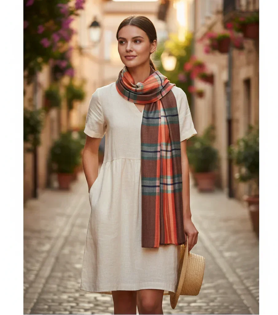 The Amritsar Store , Multicolor Bamboo Silk Scarf, Soft & Fine Quality with Check Pattern All Season - The Amritsar Store