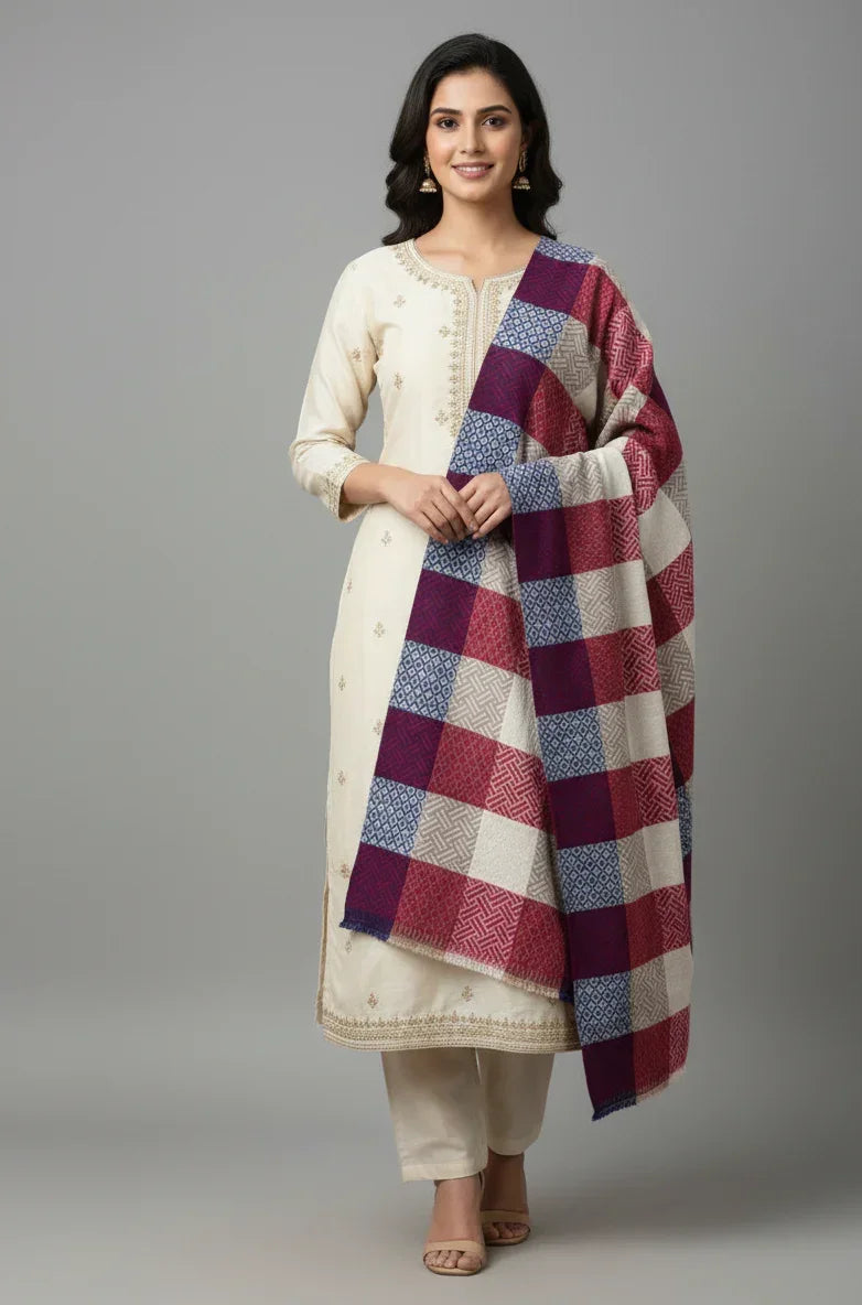 The Amritsar Store Multicolor Geometric Checkered Scarf – Soft Winter Wrap in Red, Blue, Beige & White - The Amritsar Store
