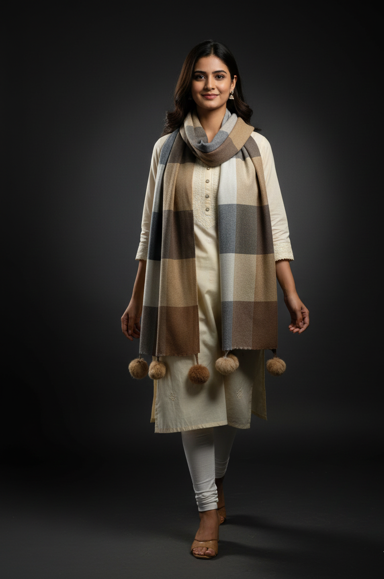 The Amritsar Store Brown, Beige & Grey Check Wool Scarf with Classic Plaid Pattern