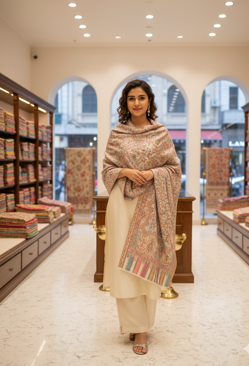 "The Amritsar Store Pastel Jaal Fine Wool Stole with Multitone Paisley and Floral Weave"