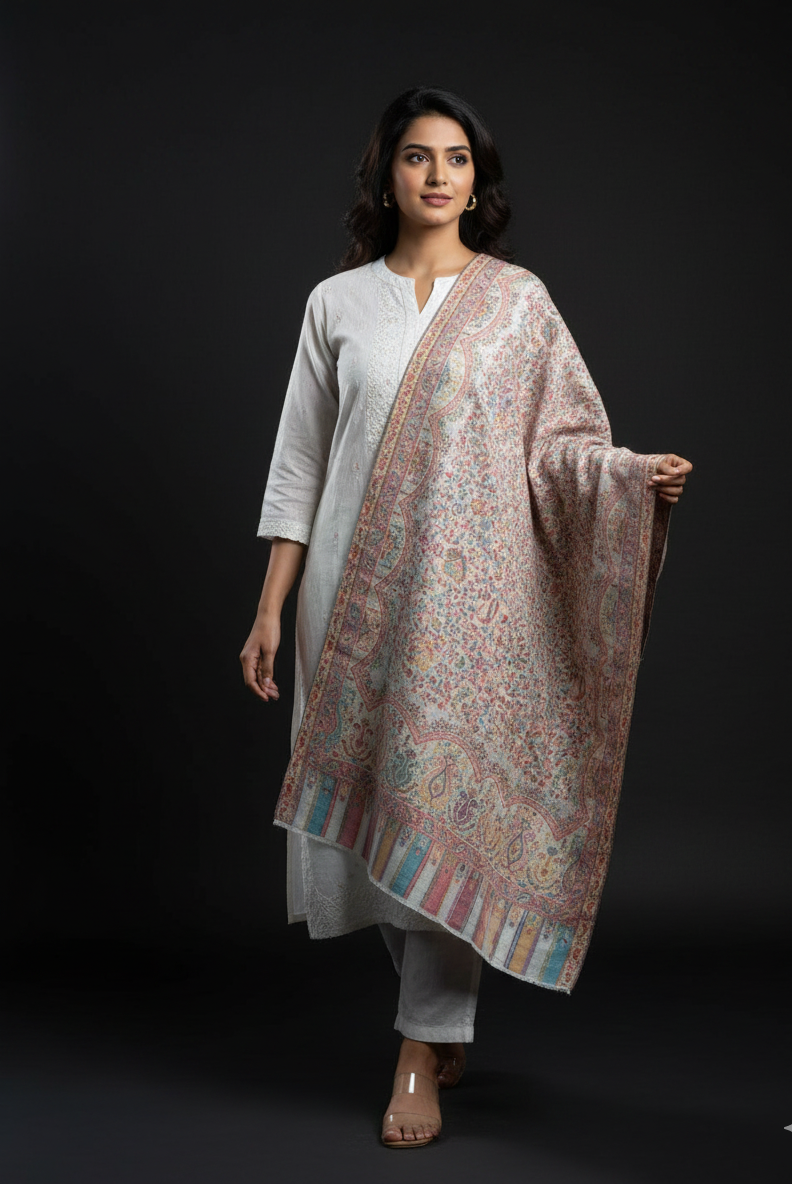 "The Amritsar Store Pastel Jaal Fine Wool Shawl with Multitone Paisley and Floral Weave"
