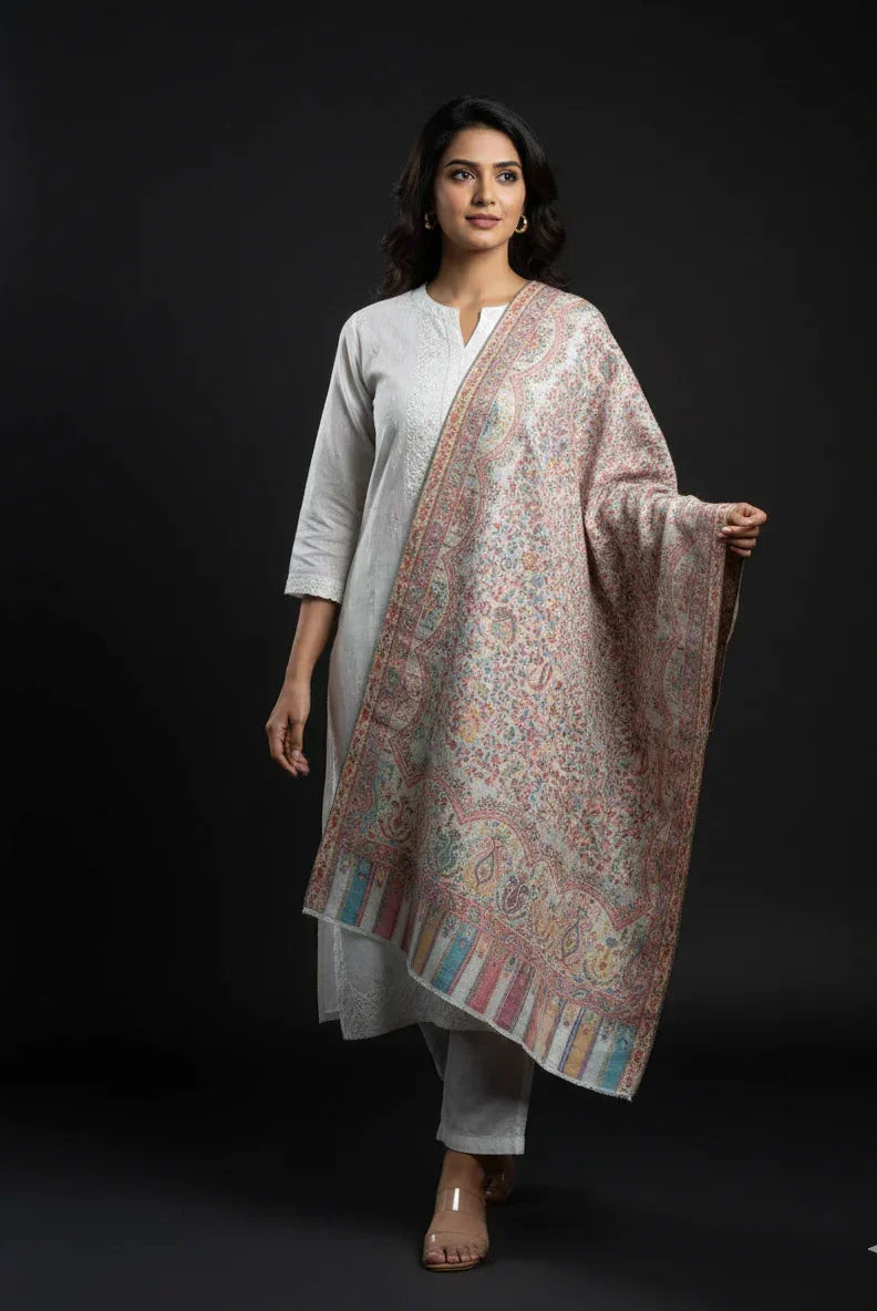 Women's Stole – Pastel Jaal Weave with Multitone Paisley & Floral Motifs | The Amritsar Store - The Amritsar Store