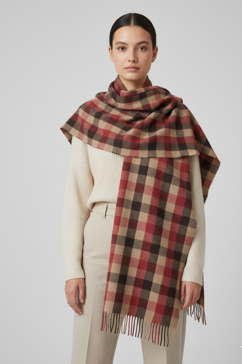 "Classic Red and Beige Checkered Scarf, Soft Winter Wrap for Men and Women by The Amritsar Store"