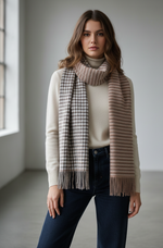 The Amritsar Store elegant reversible wool scarf featuring grey plaid design with soft pink woven accents