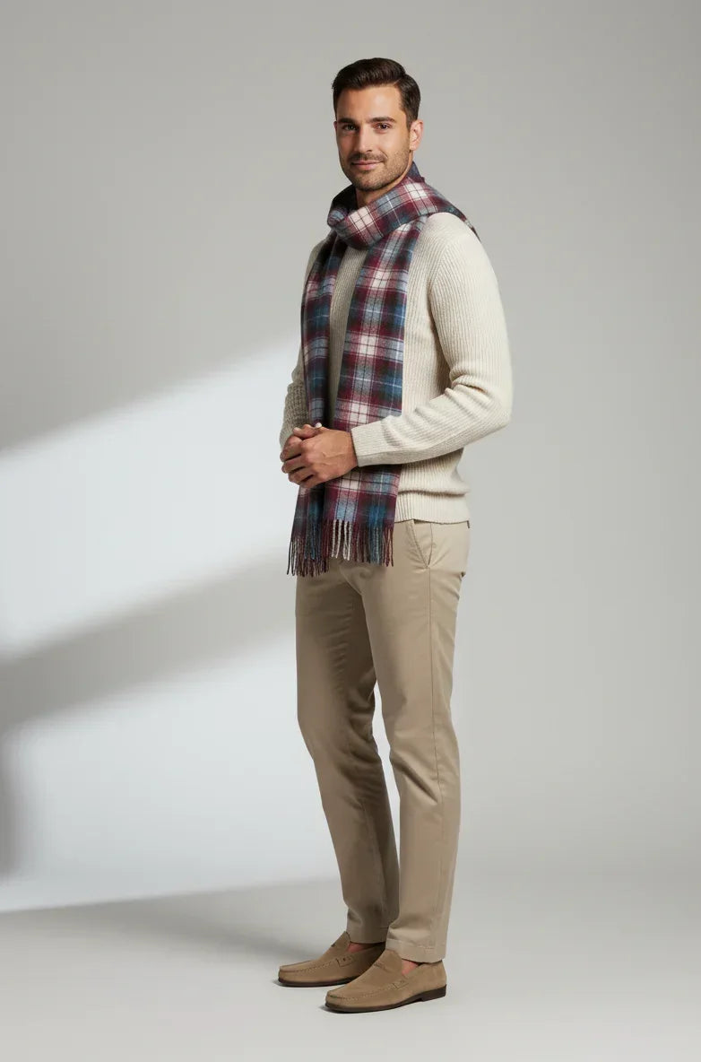 Blue & Red Plaid Wool Scarf – Soft Winter Wrap for Men & Women | The Amritsar Store - The Amritsar Store