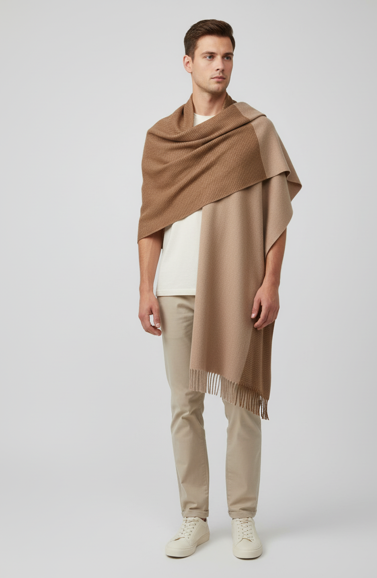 Elegant Camel Brown Two-Tone Winter Scarf with Fringed Edges, Soft and Cozy Wrap for Men and Women by The Amritsar Store"