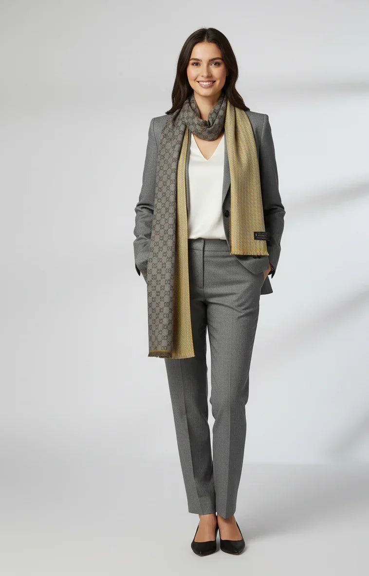 Two-Tone Houndstooth Reversible Wool Scarf – Yellow Grey Winter Scarf for Men & Women | The Amritsar Store - The Amritsar Store