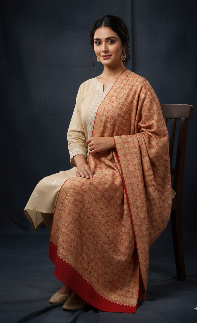 The Amritsar Store Women’s Red Shawl with full heavy embroidery jaal – richly handcrafted design showcasing traditional Kashmiri artistry and elegance