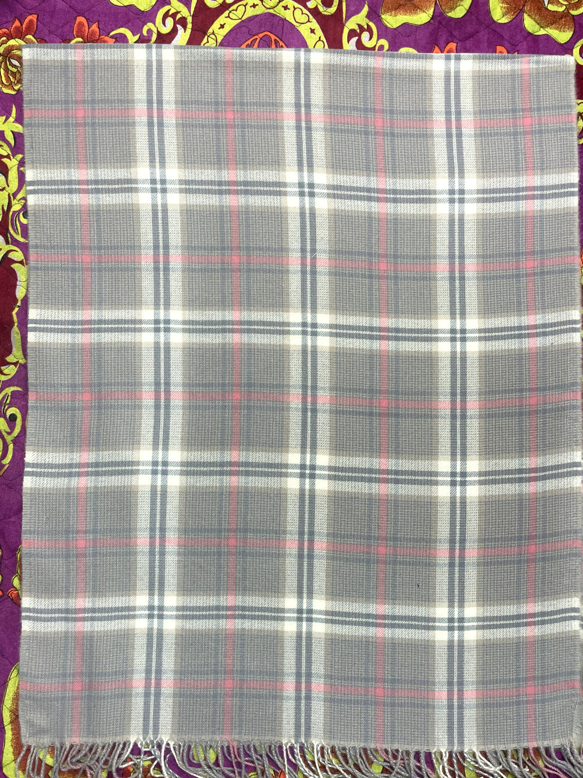 “The Amritsar Store winter plaid wool scarf in grey with soft pink accents, warm lightweight wool scarf