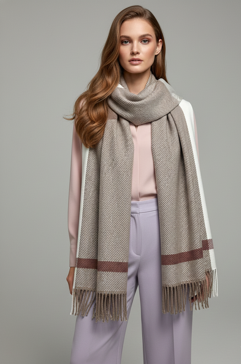 The Amritsar Store Classic Taupe & Ivory Check Wool Scarf – Soft Warm Winter Scarf for Women”
