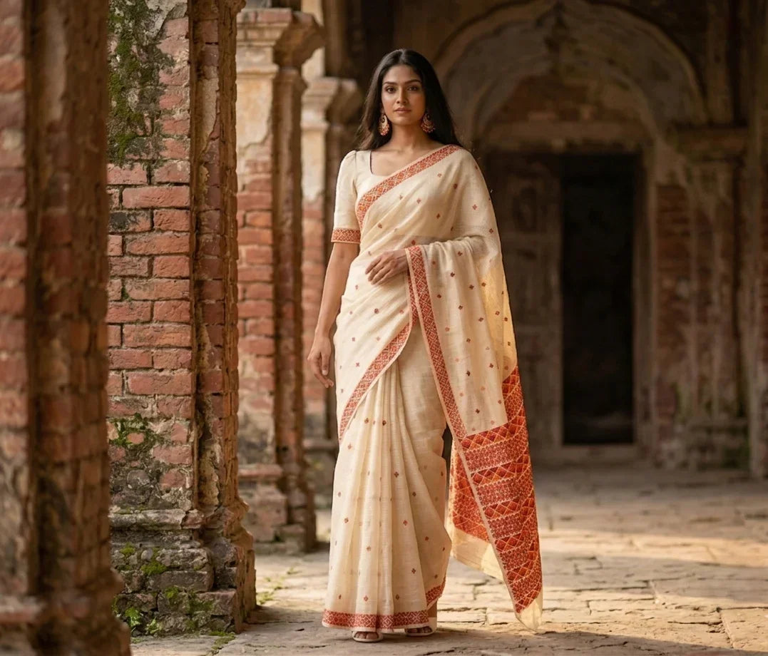 Phulkari Saree – Hand Embroidered Off White Artisan Saree | The Amritsar Store - The Amritsar Store