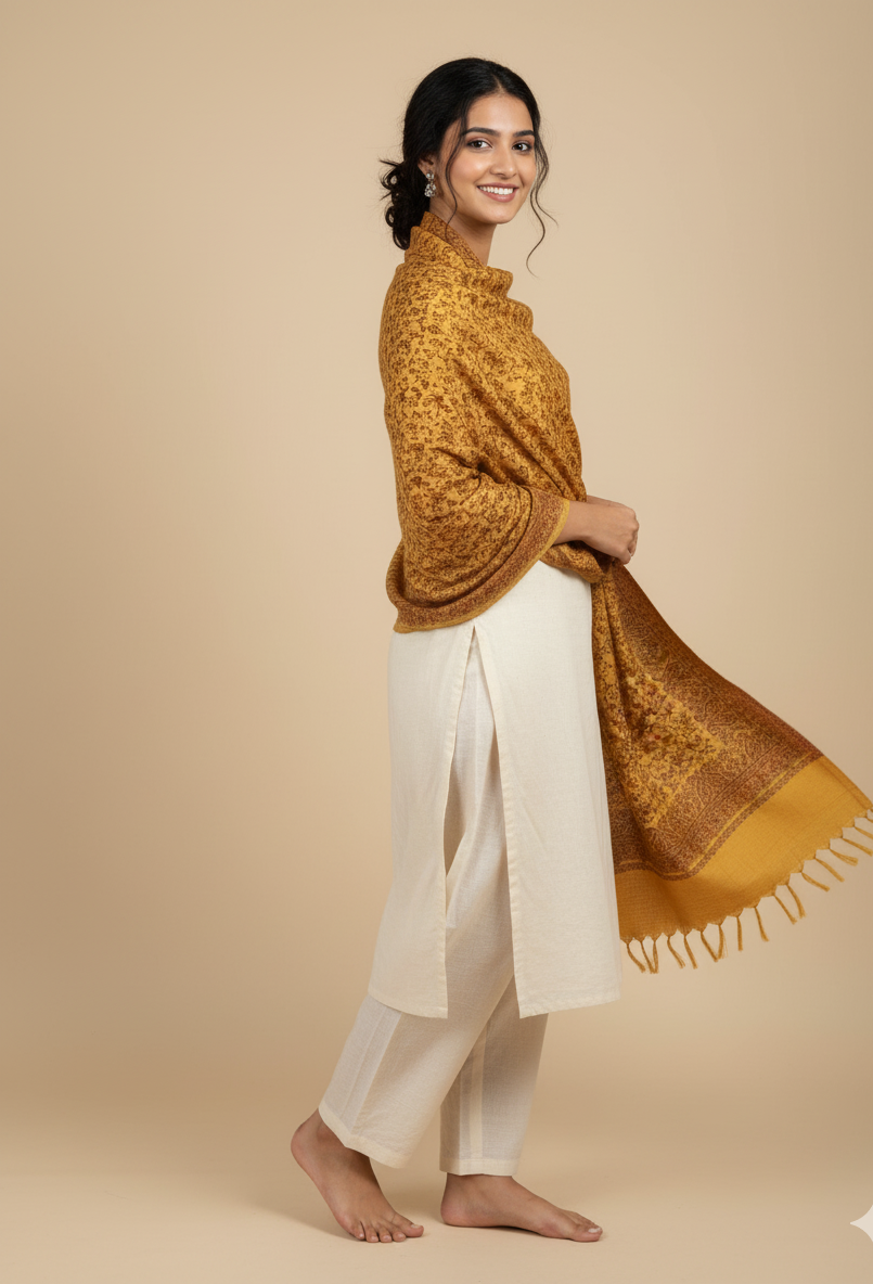 The Amritsar Store Kashmiri Jaal Shawl with Intricate Floral Weave – Reversible Wool Shawl for Elegant Winter Wear