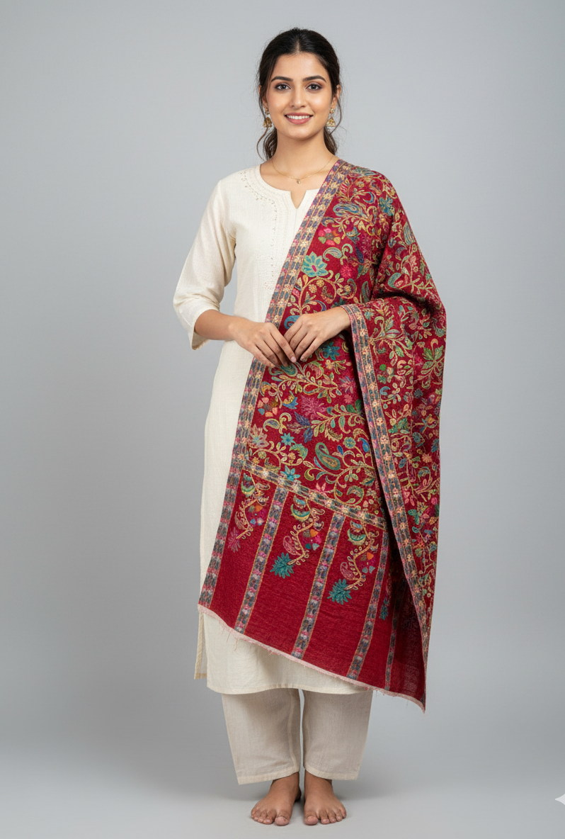 Handcrafted Kalamkari Stole with Traditional Kashmiri Floral Work – The Amritsar Store