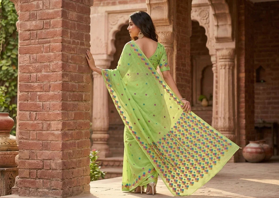 Phulkari Saree – Hand Embroidered Parrot Green Saree for Women | The Amritsar Store - The Amritsar Store