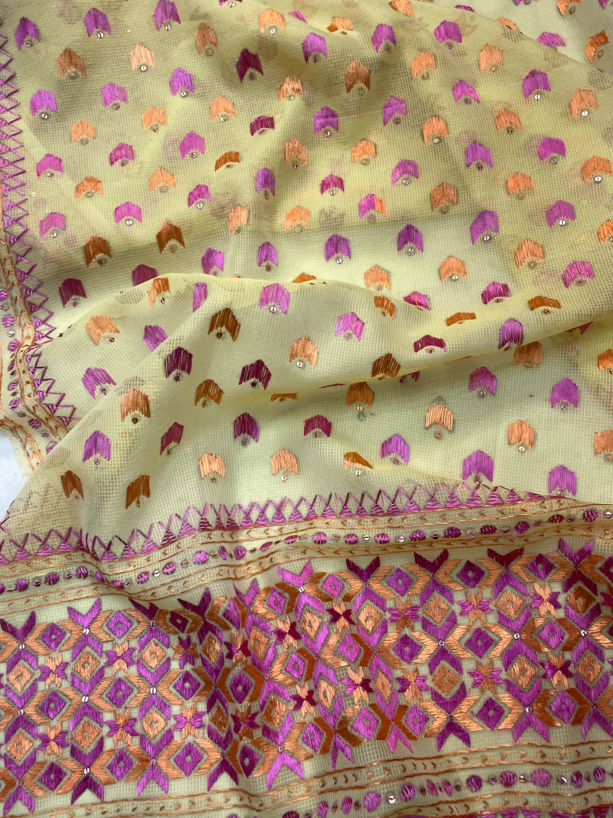 Phulkari Dupatta – Hand Embroidered Pastel Yellow Dupatta for Women | The Amritsar Store - The Amritsar Store